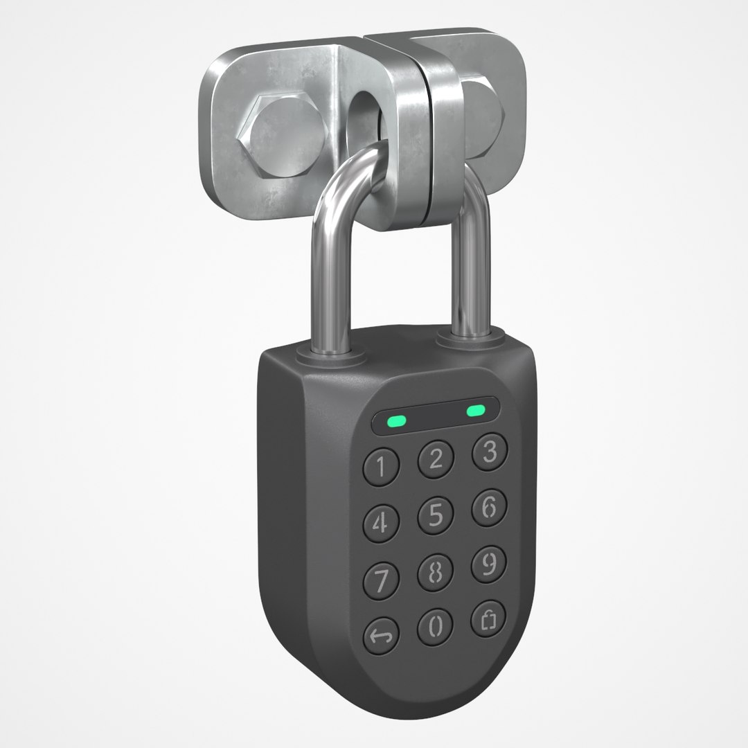 Electronic Keypad Padlock with Green Indicator Closed State 3D model for industrial visualization, technical presentation, simulation, product rendering, and animation