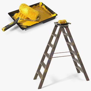 Wooden Painting Ladder Tool with Paint Roller 3D
