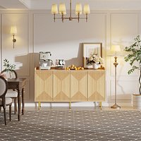 Natural Wood Sideboard Cabinet 4-Door Buffet Cabinet with Carved Panel Doors  Gold Metal Legs for