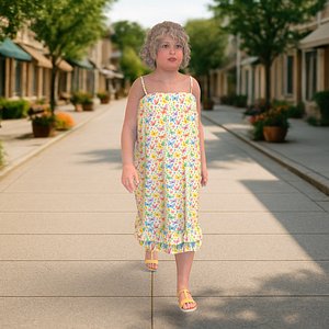 Young Obese Girl Walking in Butterfly Pattern Dress