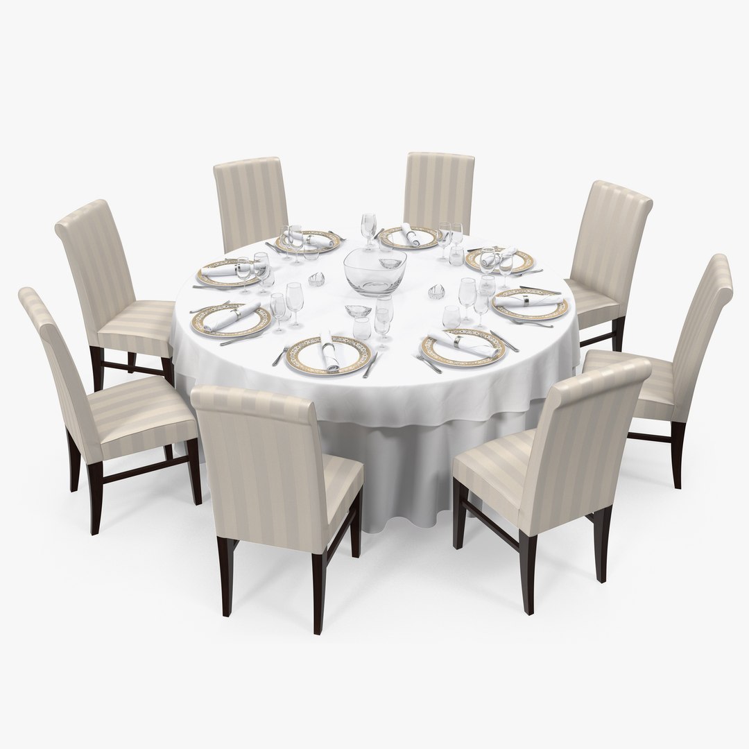 Round Dining Served Table with Chairs 3D model preview