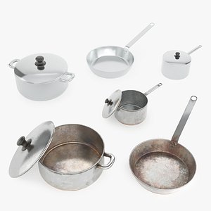 Low-poly Pots and pan worn-out and normal