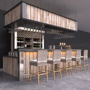 Complete Bar interior with counter, wattled barstools, beer tap, wine bottles and glasses