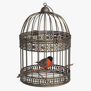 3D Vintage Cage with Perched Bird on Branch Brass