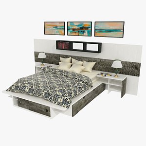 Model of a bedroom set with decorative panels and additional furniture 3D