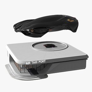 Air Taxi Port with Landing Pad and Futuristic Black Flying Car 3D model