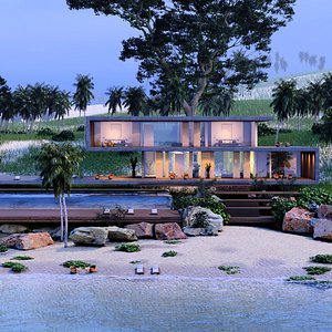 Folding modern architecture beach house villa vray