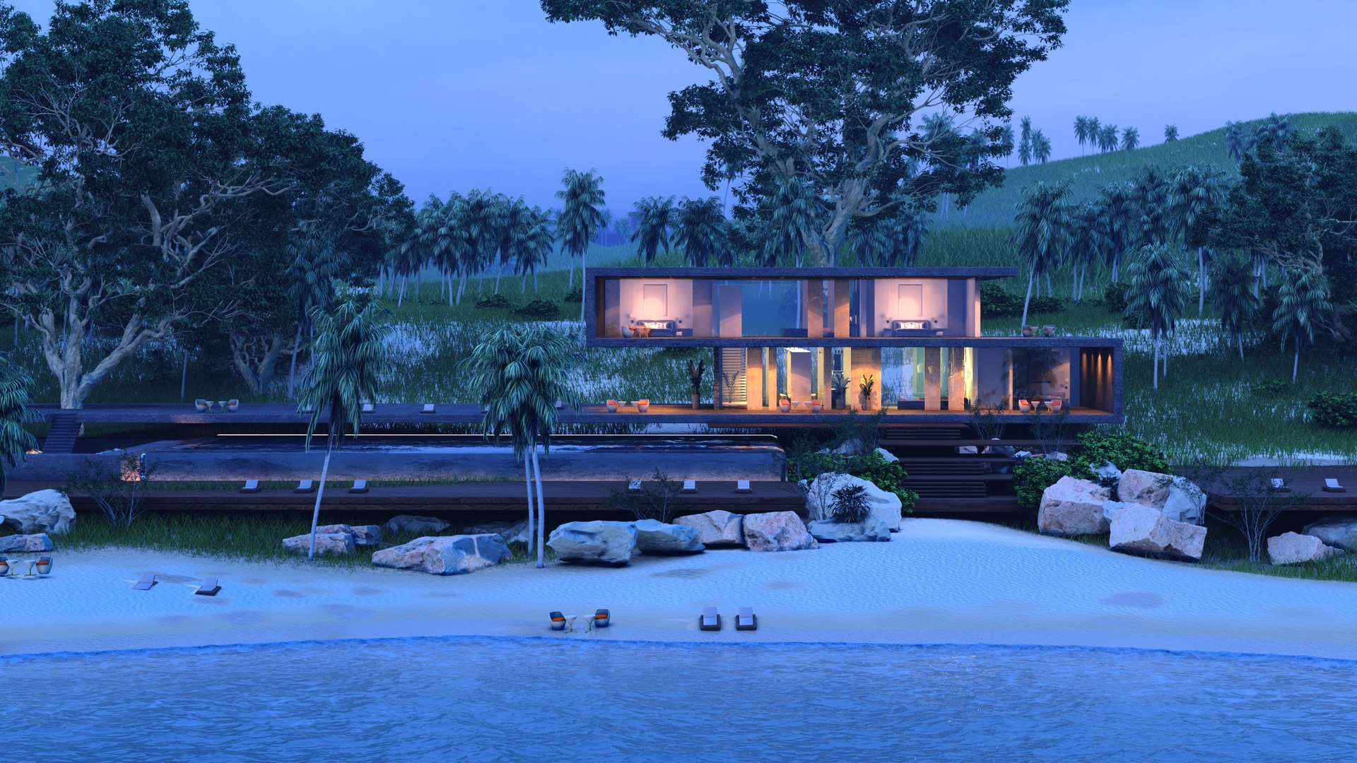 Folding Modern Architecture Beach House Villa Vray 3D Model