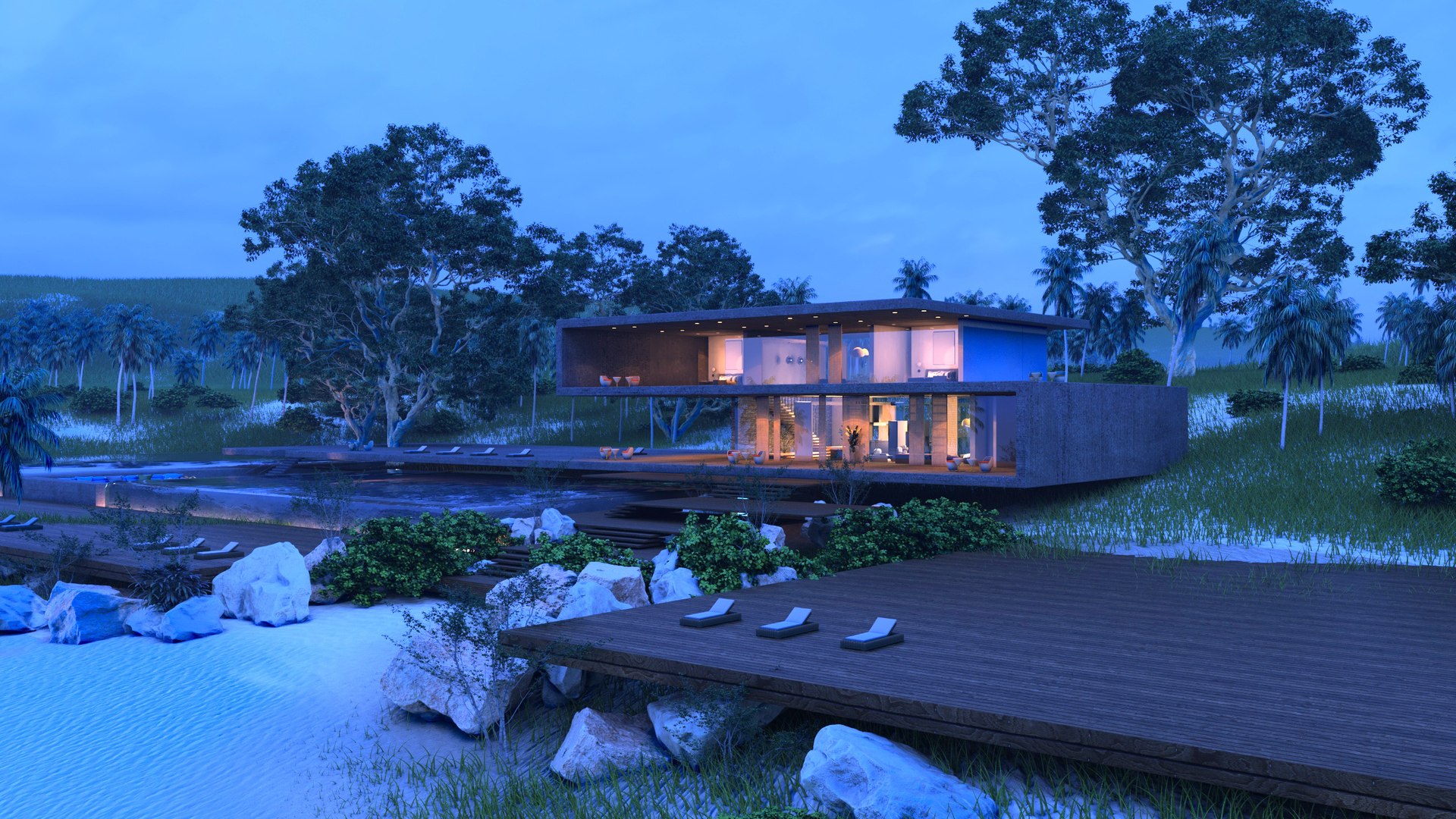 Folding Modern Architecture Beach House Villa Vray 3D Model