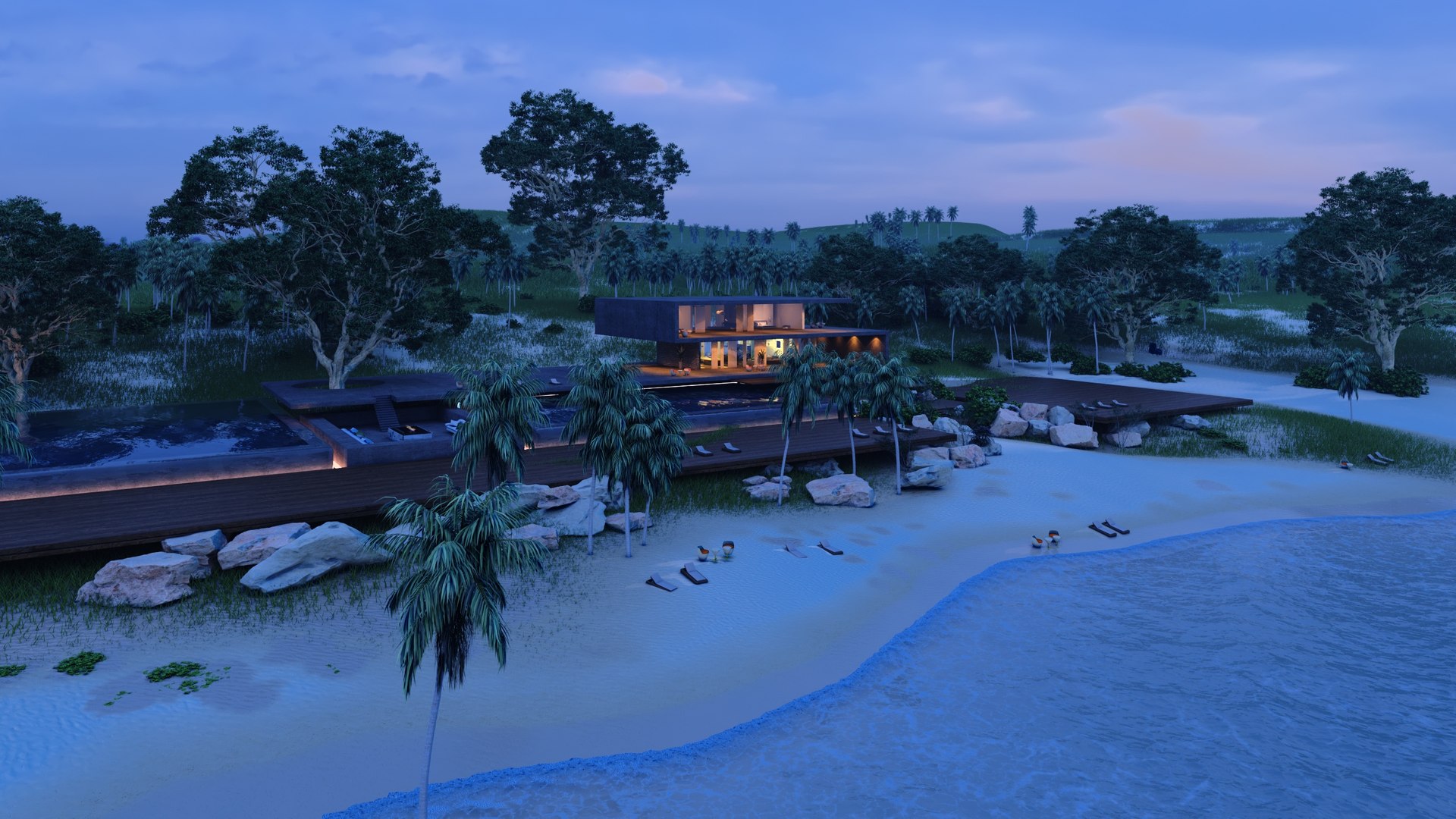 Folding Modern Architecture Beach House Villa Vray 3D Model