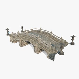 Ancient Asian architectural stone arch bridge 3D