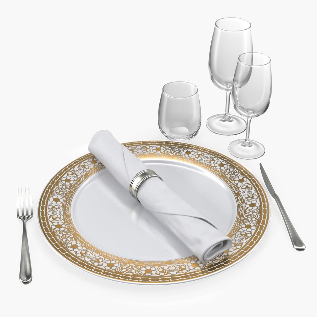 Empty Plate Glasses And Silverware Set 3D model preview
