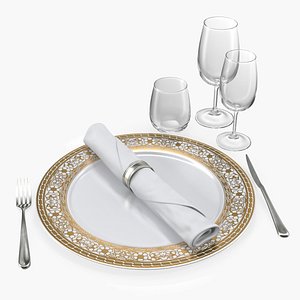 Empty Plate Glasses And Silverware Set