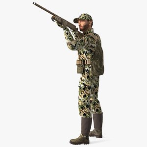 Shooting Hunter Man with Gun in Forest Camo Fur