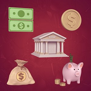 Cartoon Business Icons Pack -- Dollar Money Bag Piggy Bank Bill Coin