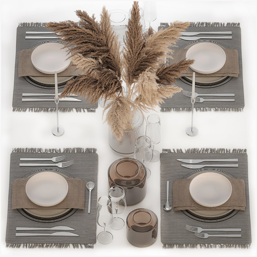 Table Setting With Bouquet Of Dry Reeds 3D Model - TurboSquid 1910098