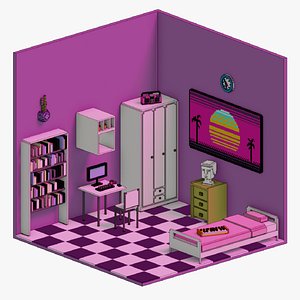 Retro room 90s style low poly voxel art