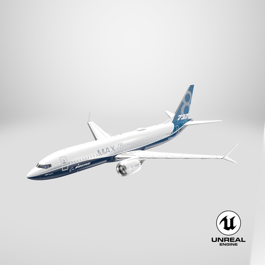 3D Aircraft Boeing 737 MAX 8 in Flying model https://p.turbosquid.com/ts-thumb/mu/HiZwSX/TS/stemcell_unreal_render/png/1737727503/1920x1080/fit_q87/2946b63bd91110e1fe742f7ba1b13b54bed82692/stemcell_unreal_render.jpg