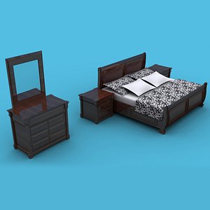 3D model Bed with Side Tables and Dressing Table