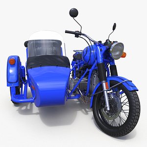 Retro Classic Blue Motorcycle with Sidecar Rigged