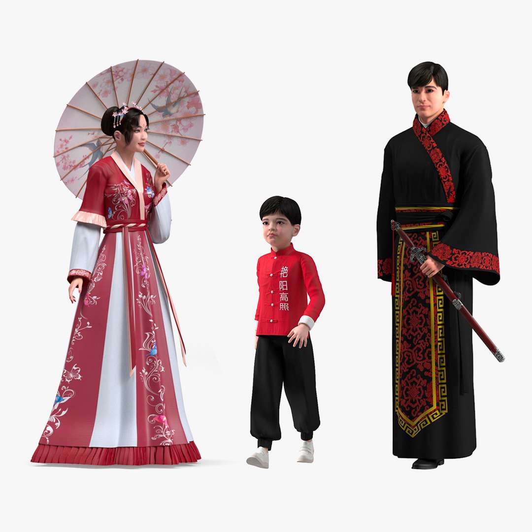 Rigged Traditional Style Chinese Man Woman and Boy Collection