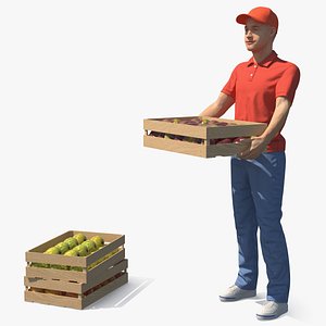 Delivery Man Carries A Box Of Fruits