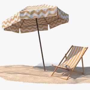 Beach Umbrella with Deck Chair on Sand 3D model