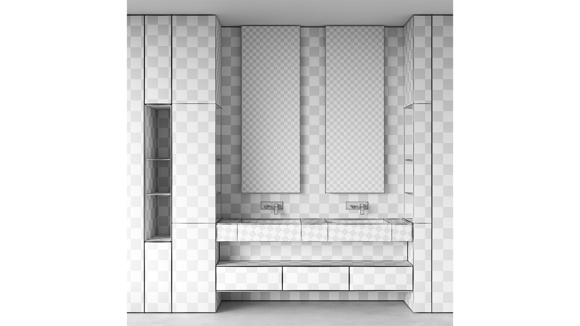 3D Bathroom Kit Minimal Furniture Rectangle Mirrors Countertop Sink ...