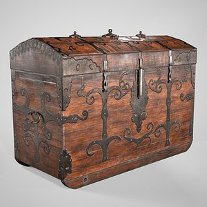 Antique Medieval Chest - Wooden Treasure Trunk with Ornaments model