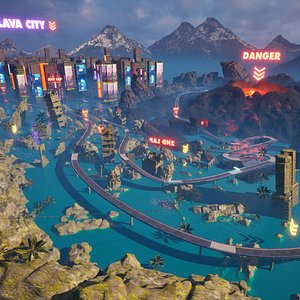 Cyberpunk City and Jungle Volcanic Race Course Environment