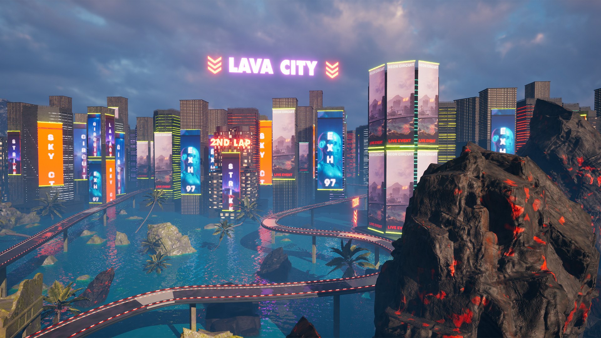 Cyberpunk City and Jungle Volcanic Race Course Environment 3D model https://p.turbosquid.com/ts-thumb/n5/jSP0up/Nc/highresscreenshot00014/jpg/1756911006/1920x1080/fit_q87/f0a12e9d4a6339d3104212a50f0bdb69901a8719/highresscreenshot00014.jpg