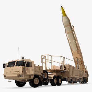 3D Sejjil Ballistic Missile with BAZ 64022 Hauler Rigged for Cinema 4D