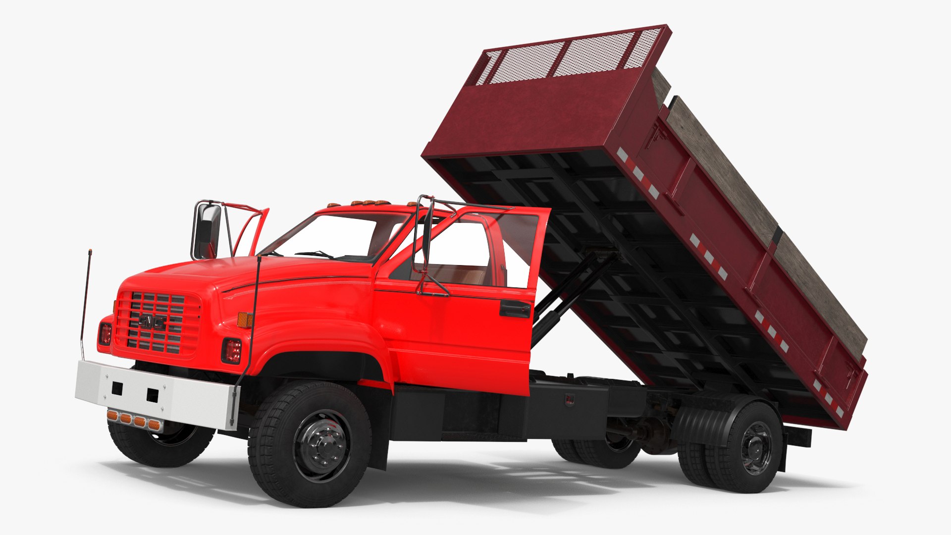 GMC TopKick Stake Bed Flatbed Truck Red Rigged 3D model preview