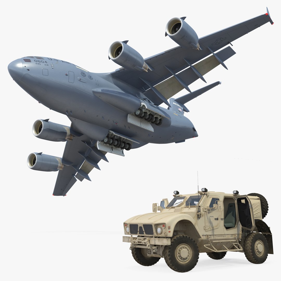 Boeing C17 Globemaster III Transport Aircraft with Oshkosh M ATV Loaded Rigged 3D model preview