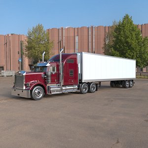 Kenworth W900 Sleeper Cab (2018) Semi Truck with Refrigerated Semi Trailer.