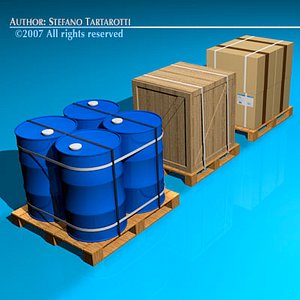 3d model pallets barrels wood crate