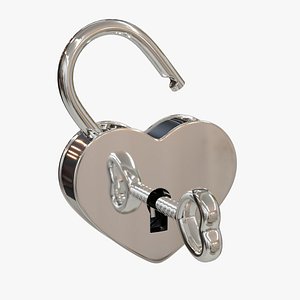 Heart shaped metal padlock with key 3D model