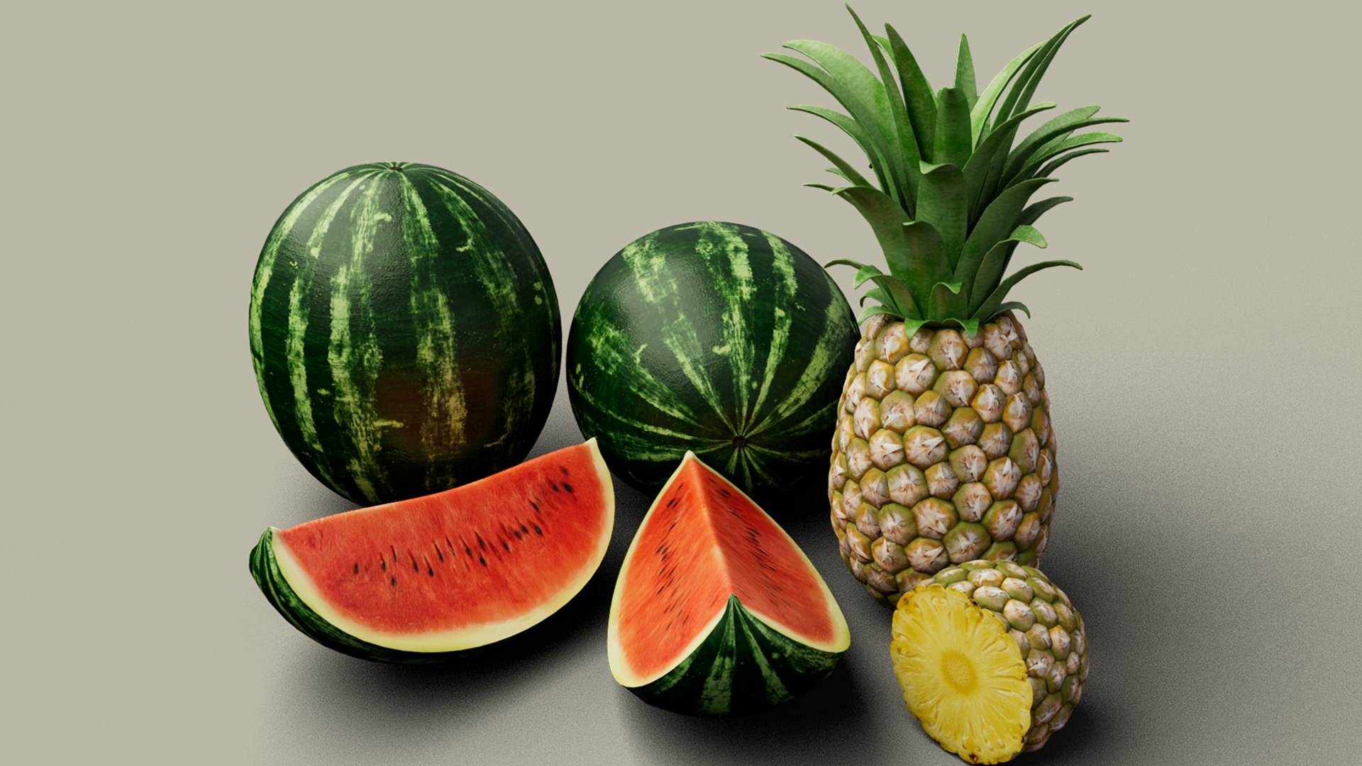 3D Realistic Watermelon and Pineapple Low-poly 3D model https://p.turbosquid.com/ts-thumb/nB/eiRzPd/zb/fruitswatermelonandpineapplerender02/png/1783421798/1920x1080/fit_q87/ab7ca2b57e62687f211294d0d275e35d238ddcbb/fruitswatermelonandpineapplerender02.jpg