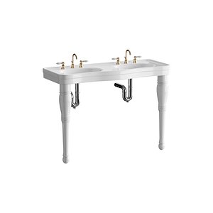 3D Double Basin Console Bathroom Sink White with 2 Spindle Legs and Overflow