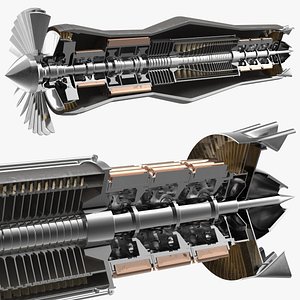 Rotor and Shaft Jet Engine Turbine in Cutaway
