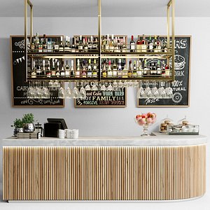 Bar counter with alcohol in a restaurant 3D