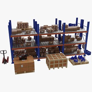 3D Realistic 3D model of Warehouse Shelf with Pallets Boxes