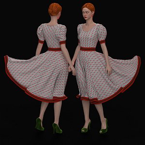 Boucle Midi Dress Puff Sleeves Couture Style 3D model