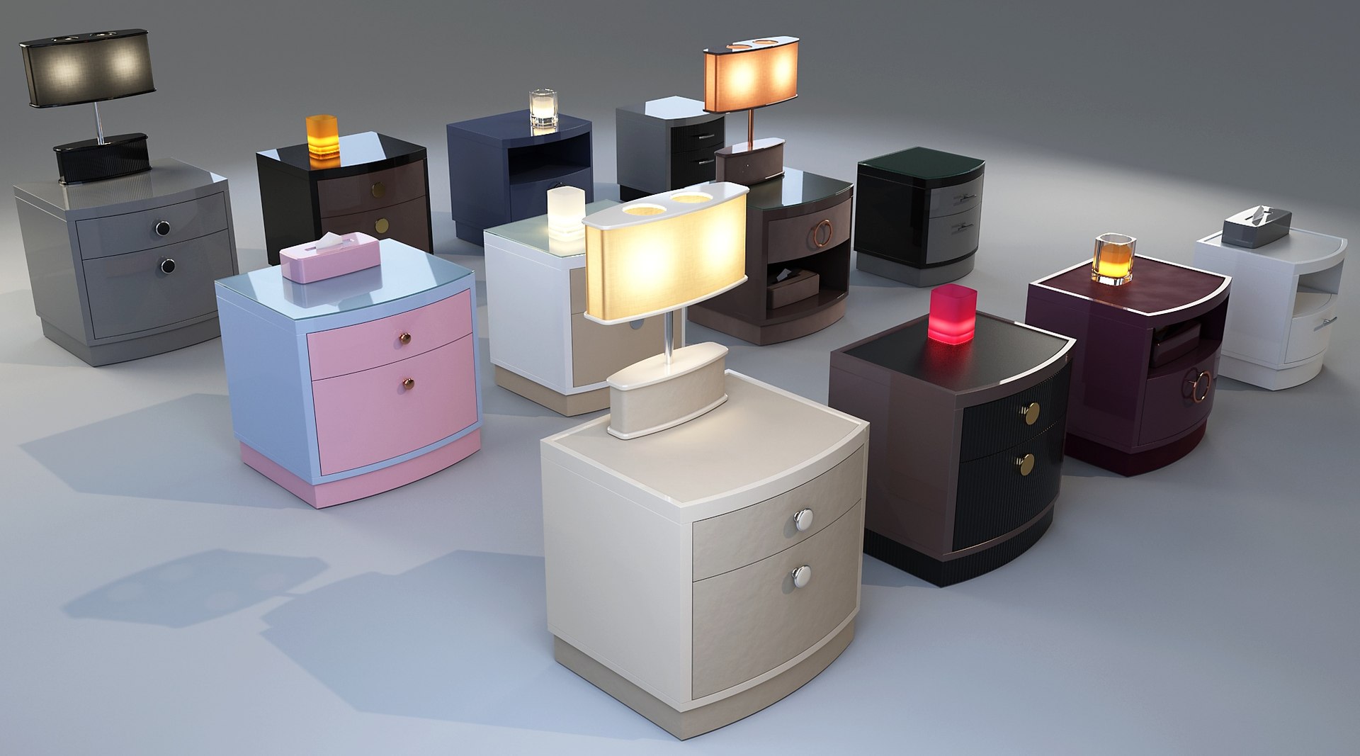 Set Of 12 Bedside Tables Cupboards CODs With Table Lamps And ...