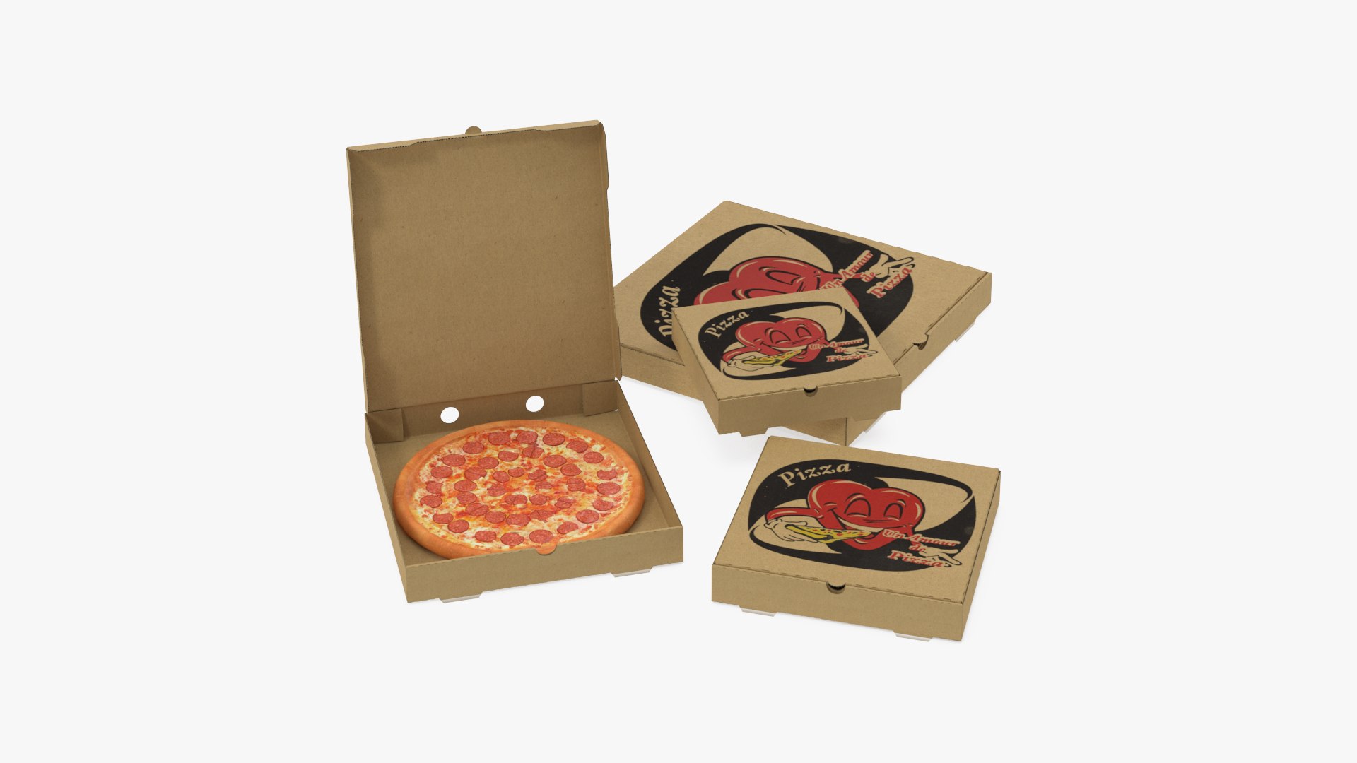 Cardboard Pizza Boxes with Pepperoni Pizza 3D model preview