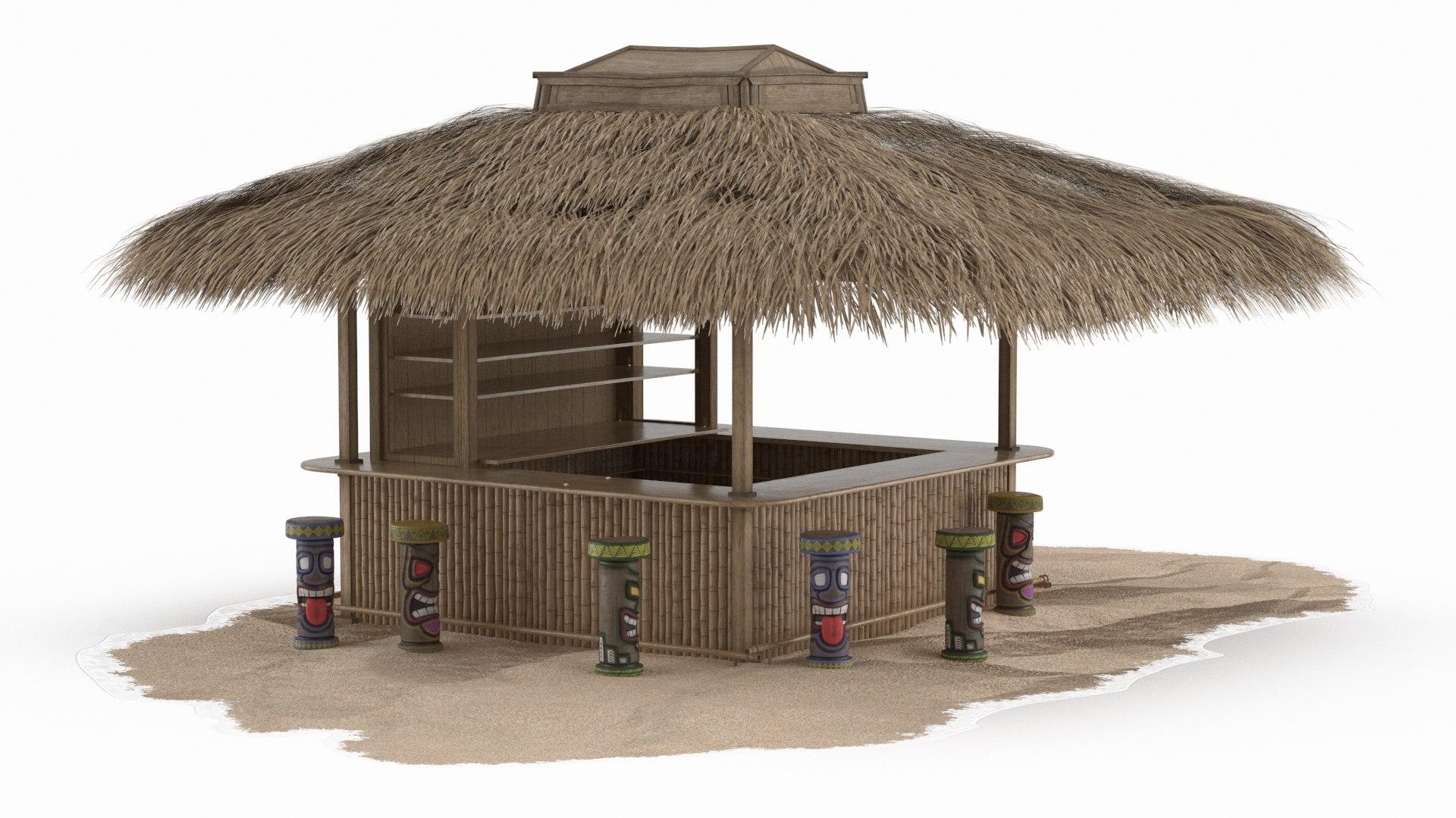 Faded Bamboo Bar with Worn Thatch and Tribal Seating Brown Old 3D model preview