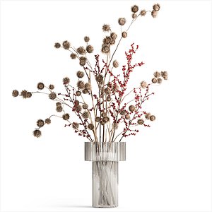 Bouquet of dried flowers with Thistle Ilex branches in a vase 401 model