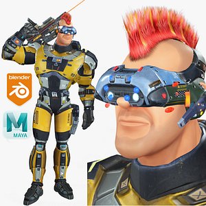 Cartoon Rigged Sci-Fi Yellow Soldier-Man Character 3D Model