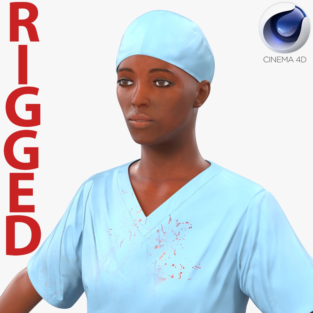 Female Surgeon African American Rigged 2 with Blood for Cinema 4D 3D Model 3D model preview