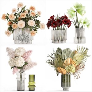 3D Set Realistic Bouquets Flowers Hydrangea Peony lilac vase